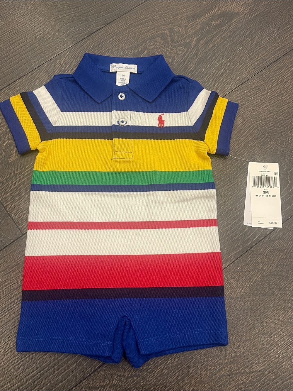 Ralph Lauren Multi-Color Striped Polo Romper - Blue, Yellow, Green, Red, White